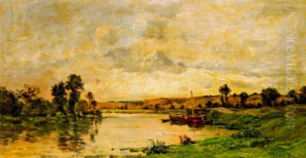 Washer Women On The Banks Of A River Oil Painting by Charles Francois Daubigny