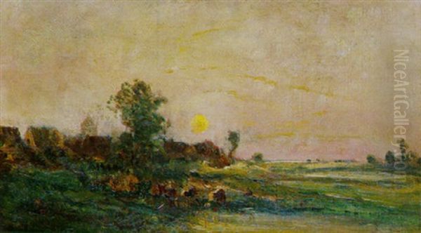 Landschaft Mit Dorf In Der Abenddammerung Oil Painting by Charles Francois Daubigny