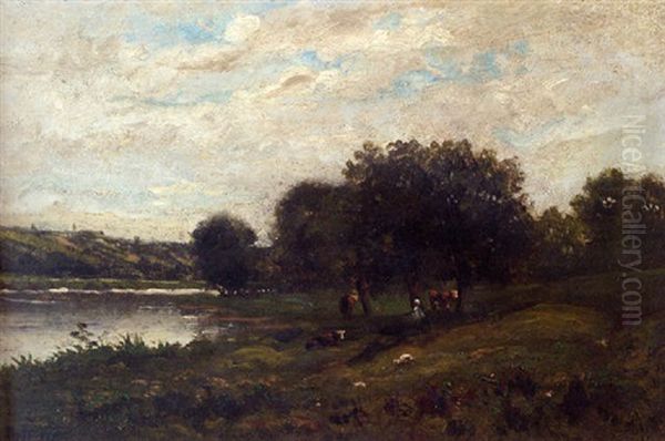 Paysage A Pontoise - Vaches Dans Un Verger Oil Painting by Charles Francois Daubigny