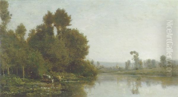 Au Bord De La Riviere Oil Painting by Charles Francois Daubigny