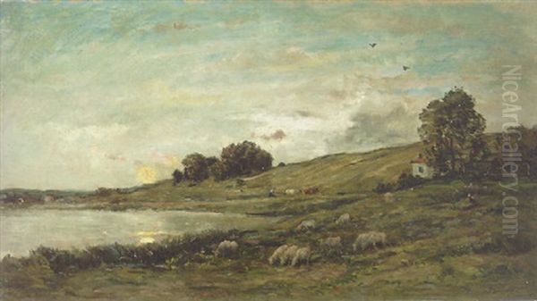 Troupeau De Moutons Au Bord De La Riviere Oil Painting by Charles Francois Daubigny