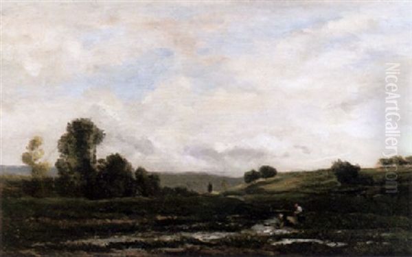 Weite, Hugelige, Mit Einzelnen Baumgruppen Bewachsene Landschaft Oil Painting by Charles Francois Daubigny