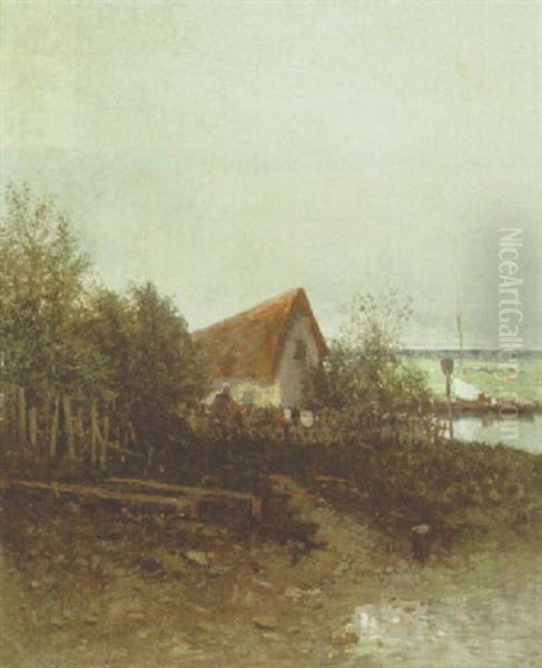 A Figure By A Cottage Oil Painting by Charles Francois Daubigny