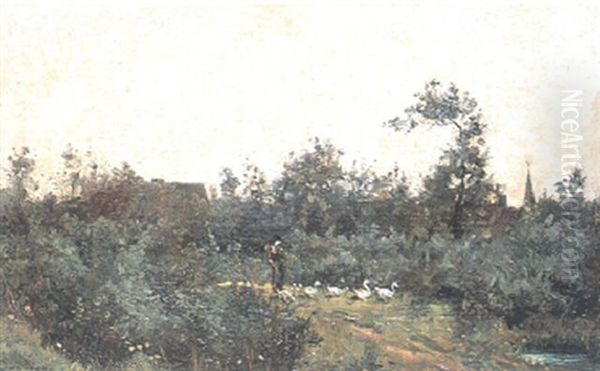 Sommarlandskap Med Kvinna Och Gass Oil Painting by Charles Francois Daubigny