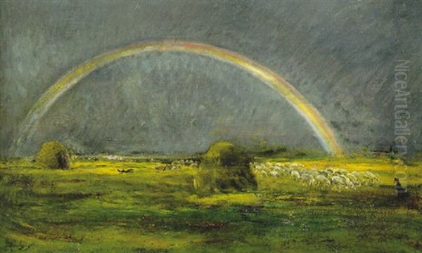 Sheep In A Landscape With A Rainbow Beyond Oil Painting by Charles Francois Daubigny