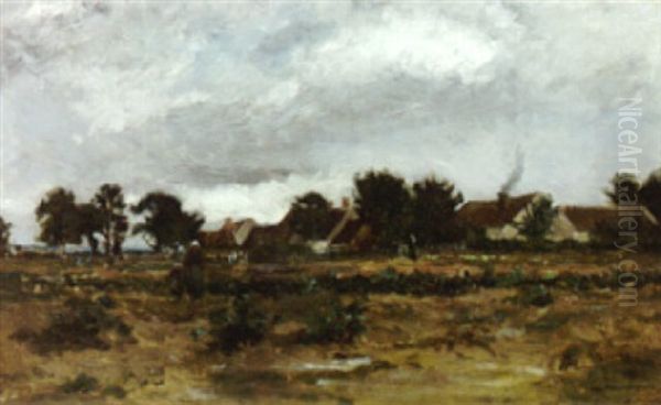 A Stormy Landscape With Figures In A Field And A View Of A Village Oil Painting by Charles Francois Daubigny