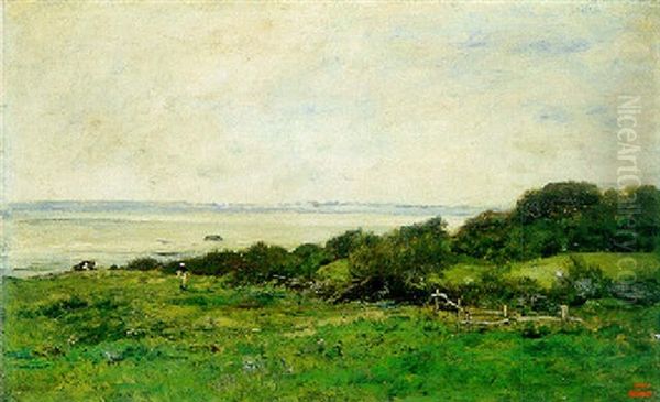 Paysanne Au Pre Des Graves Villerville Oil Painting by Charles Francois Daubigny