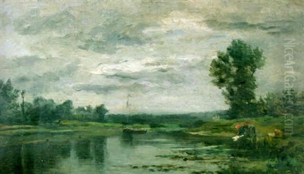 Washerwomen On A Riverbank Oil Painting by Charles Francois Daubigny