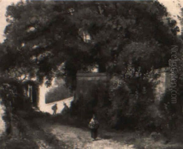 Figures On A Farm Road Oil Painting by Charles Francois Daubigny