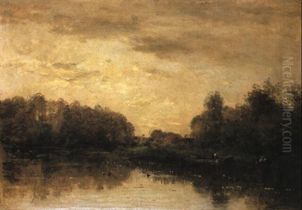 Wooded River Landscape With Figures In Boats Oil Painting by Charles Francois Daubigny