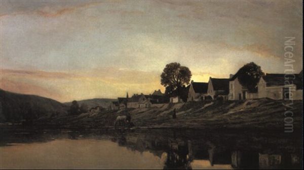 Un Village Pres De Bonnieres Oil Painting by Charles Francois Daubigny