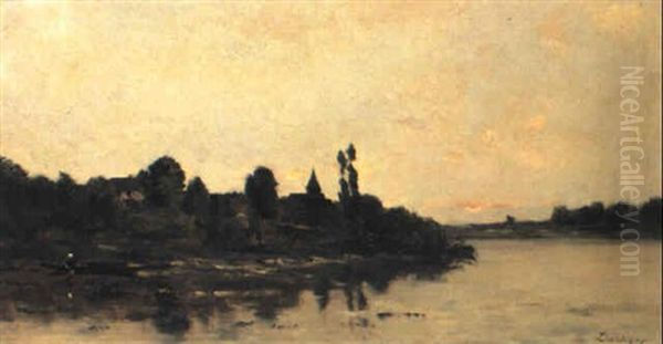 Twilight On The River Seine Oil Painting by Charles Francois Daubigny