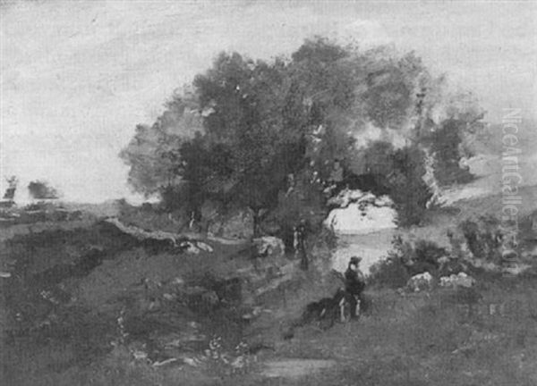 A Shepherd In A Landscape Oil Painting by Charles Francois Daubigny