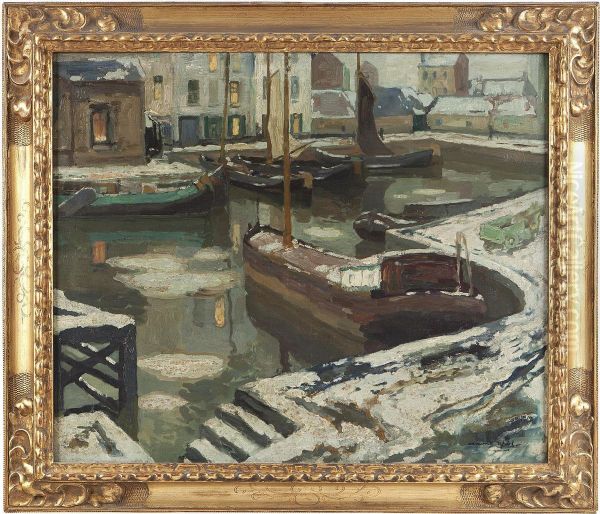 Barges In A Harbour In Winter Oil Painting by Armand Apol