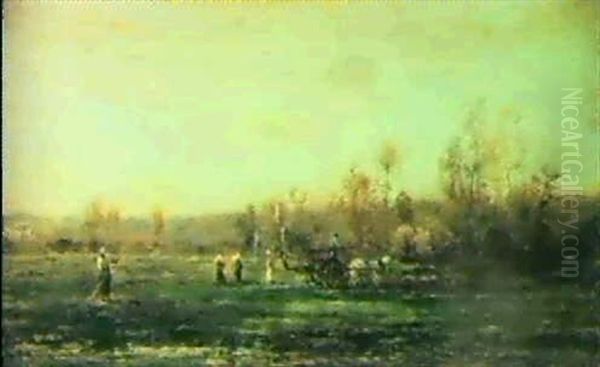 Landscape With Fieldworkers Oil Painting by Charles Francois Daubigny