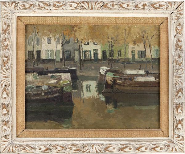 Barges Moored In A Canal Oil Painting by Armand Apol