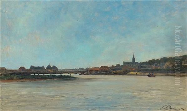 View Of A Small Town On A River With Bridge Oil Painting by Karl Pierre Daubigny