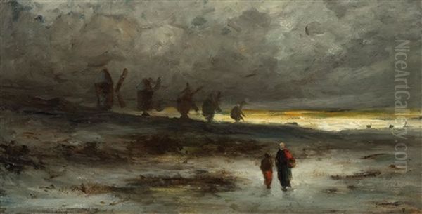 Walk Along The Coast At Sunset Oil Painting by Karl Pierre Daubigny