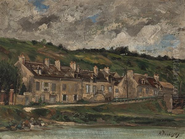 Riverside Houses Oil Painting by Karl Pierre Daubigny