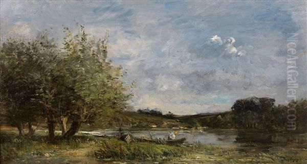 Paysage Fluvial Avec Un Pecheur Dans Sa Barque Oil Painting by Karl Pierre Daubigny