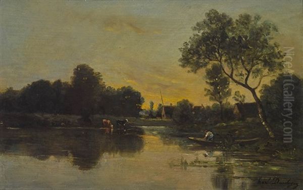 Abend An Der Oise Oil Painting by Karl Pierre Daubigny