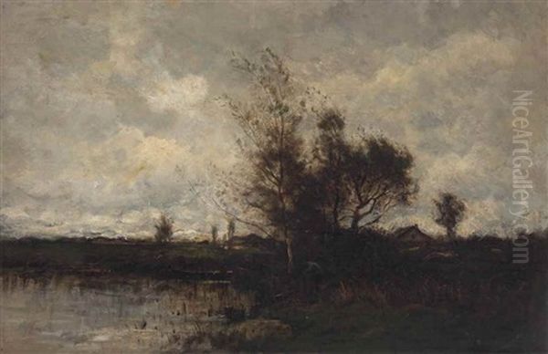 Landscape With Figure Along Water's Edge Oil Painting by Karl Pierre Daubigny