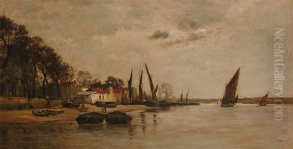 Bateaux En Bord De Riviere Oil Painting by Karl Pierre Daubigny