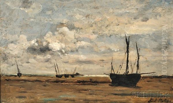 Sailing Vessels Beached At Low Tide Oil Painting by Karl Pierre Daubigny