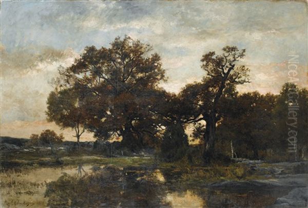 Paysage A La Riviere, Soleil Couchant Oil Painting by Karl Pierre Daubigny