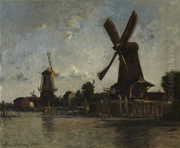 Moulins Au Bord De La Riviere Oil Painting by Karl Pierre Daubigny