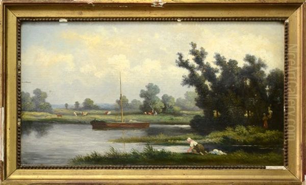 Wash Day Along The River Oil Painting by Karl Pierre Daubigny