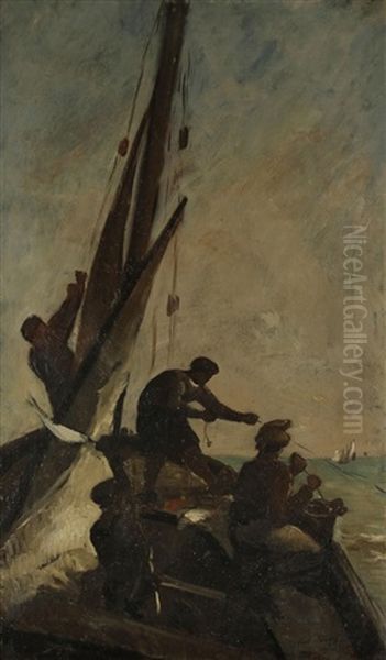 Pecheurs A Bord D'un Bateau Oil Painting by Karl Pierre Daubigny