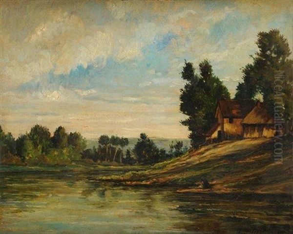 Lavandiere En Bord De Riviere Oil Painting by Karl Pierre Daubigny