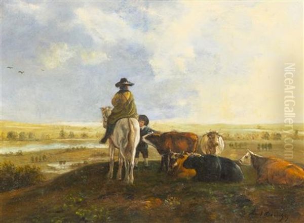 Herdsman With Oxen Oil Painting by Karl Pierre Daubigny