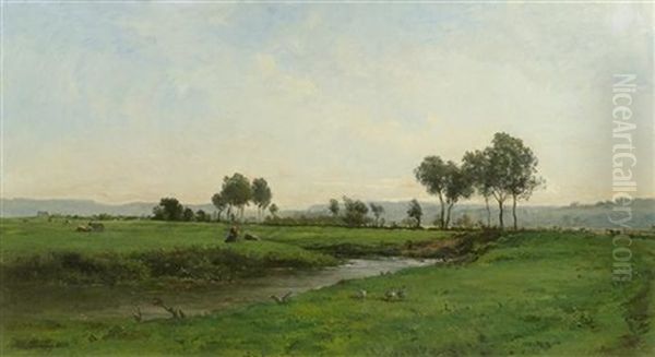 Grosse Flusslandschaft Mit Kuhen Und Gansen Oil Painting by Karl Pierre Daubigny