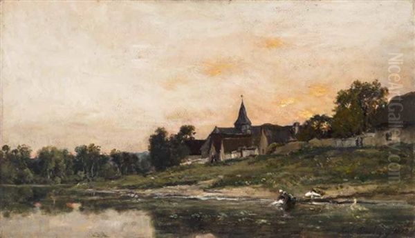 Wascherin Am Fluss Oil Painting by Karl Pierre Daubigny