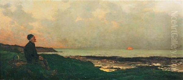 Coucher De Soleil A Villerville Oil Painting by Karl Pierre Daubigny