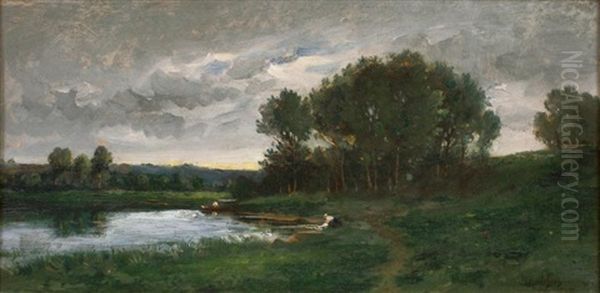 Paysage Aux Lavandieres Oil Painting by Karl Pierre Daubigny