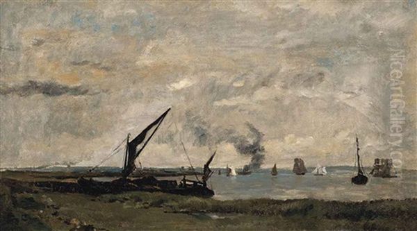 Boats And Barges In The Thames Estuary Oil Painting by Karl Pierre Daubigny