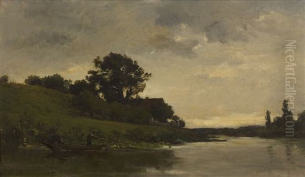 Pecheur En Barque Dans Un Paysage Oil Painting by Karl Pierre Daubigny