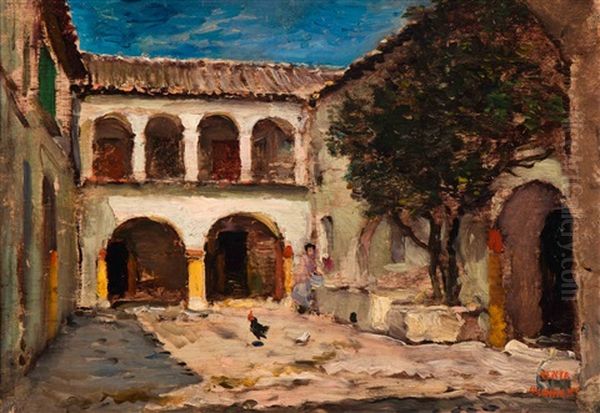 View Of A Courtyard Oil Painting by Karl Pierre Daubigny