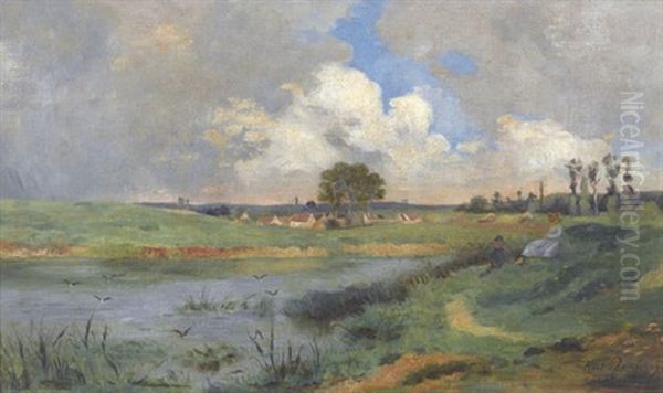 Flusslandschaft Mit Mutter Und Kind Oil Painting by Karl Pierre Daubigny