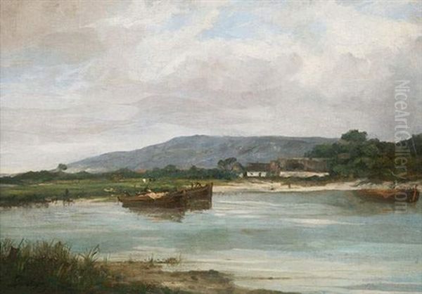 Barques Au Bord De L'etang Oil Painting by Karl Pierre Daubigny