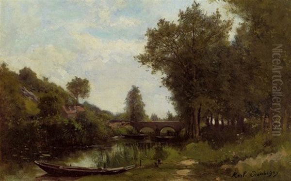 Flusslandschaft Mit Brucke Und Boot Oil Painting by Karl Pierre Daubigny