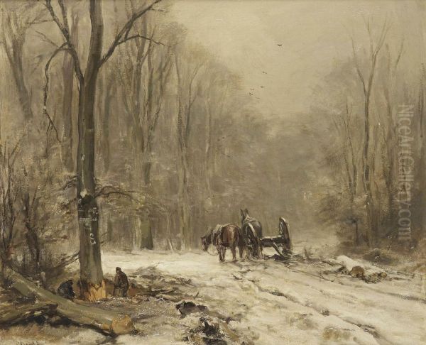 Loggers In A Winter Forest Oil Painting by Louis Apol