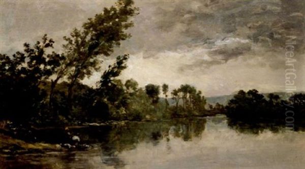 Les Lavandieres Au Bord De La Riviere Oil Painting by Karl Pierre Daubigny