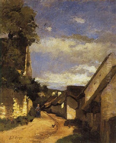 A Village Street Oil Painting by Karl Pierre Daubigny