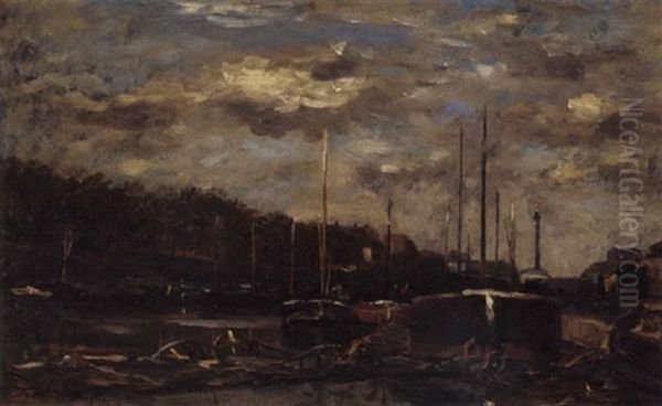 Canal Saint Martin Et La Colonne De La Bastille, Paris Oil Painting by Karl Pierre Daubigny