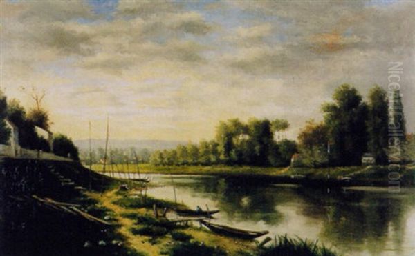 Flusslandscahft Mit Booten Oil Painting by Karl Pierre Daubigny