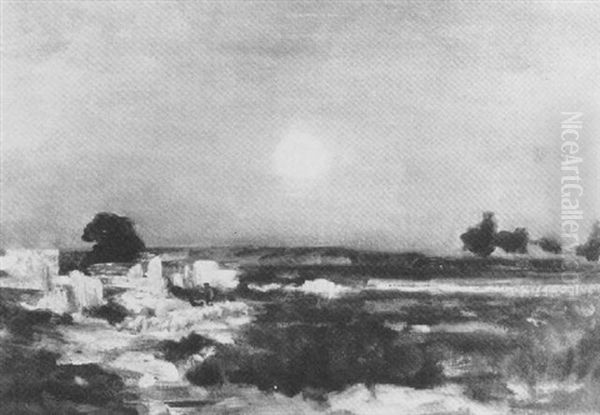 A Peaceful Landscape Bathed In Moonlight Oil Painting by Karl Pierre Daubigny